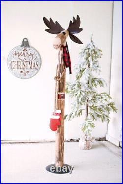 Tall Recycled Moose Whimsical Christmas Statue Wood And Iron 5 Ft Plus