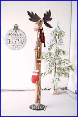 Tall Recycled Moose Whimsical Christmas Statue Wood And Iron 5 Ft Plus