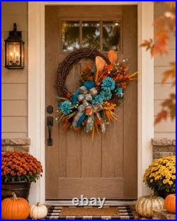 Teal Fall Wreath, Autumn Grapevine Decor with Pumpkin, Turquoise and orange Teal Fall Wreath, Autumn Grapevine Decor with Pumpkin, Turquoise and orange