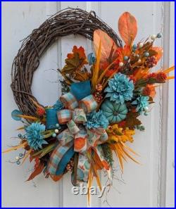 Teal Fall Wreath, Autumn Grapevine Decor with Pumpkin, Turquoise and orange