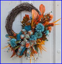 Teal Fall Wreath, Autumn Grapevine Decor with Pumpkin, Turquoise and orange Teal Fall Wreath, Autumn Grapevine Decor with Pumpkin, Turquoise and orange