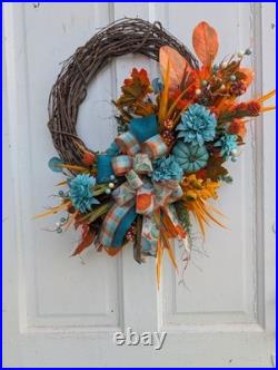 Teal Fall Wreath, Autumn Grapevine Decor with Pumpkin, Turquoise and orange Teal Fall Wreath, Autumn Grapevine Decor with Pumpkin, Turquoise and orange