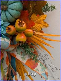 Teal Fall Wreath, Autumn Grapevine Decor with Pumpkin, Turquoise and orange Teal Fall Wreath, Autumn Grapevine Decor with Pumpkin, Turquoise and orange