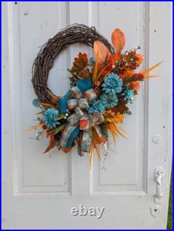 Teal Fall Wreath, Autumn Grapevine Decor with Pumpkin, Turquoise and orange Teal Fall Wreath, Autumn Grapevine Decor with Pumpkin, Turquoise and orange