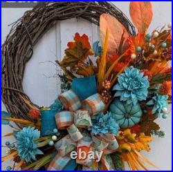 Teal Fall Wreath, Autumn Grapevine Decor with Pumpkin, Turquoise and orange Teal Fall Wreath, Autumn Grapevine Decor with Pumpkin, Turquoise and orange