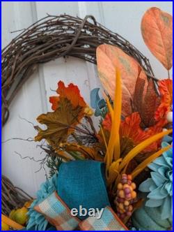 Teal Fall Wreath, Autumn Grapevine Decor with Pumpkin, Turquoise and orange Teal Fall Wreath, Autumn Grapevine Decor with Pumpkin, Turquoise and orange