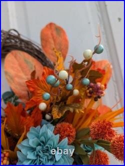 Teal Fall Wreath, Autumn Grapevine Decor with Pumpkin, Turquoise and orange Teal Fall Wreath, Autumn Grapevine Decor with Pumpkin, Turquoise and orange
