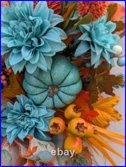 Teal Fall Wreath, Autumn Grapevine Decor with Pumpkin, Turquoise and orange Teal Fall Wreath, Autumn Grapevine Decor with Pumpkin, Turquoise and orange