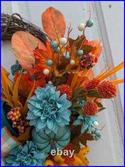 Teal Fall Wreath, Autumn Grapevine Decor with Pumpkin, Turquoise and orange Teal Fall Wreath, Autumn Grapevine Decor with Pumpkin, Turquoise and orange