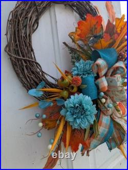 Teal Fall Wreath, Autumn Grapevine Decor with Pumpkin, Turquoise and orange Teal Fall Wreath, Autumn Grapevine Decor with Pumpkin, Turquoise and orange