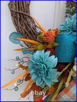 Teal Fall Wreath, Autumn Grapevine Decor with Pumpkin, Turquoise and orange Teal Fall Wreath, Autumn Grapevine Decor with Pumpkin, Turquoise and orange