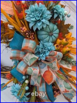 Teal Fall Wreath, Autumn Grapevine Decor with Pumpkin, Turquoise and orange Teal Fall Wreath, Autumn Grapevine Decor with Pumpkin, Turquoise and orange