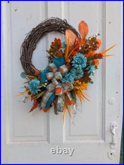 Teal Fall Wreath, Autumn Grapevine Decor with Pumpkin, Turquoise and orange Teal Fall Wreath, Autumn Grapevine Decor with Pumpkin, Turquoise and orange