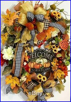 Thanksgiving Fall Harvest Grapevine Large Door Autumn Wreath Wood Welcome Sign