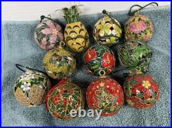 Theo Cloisonne Christmas Bauble Ornaments Set 11 Metal Enamel Floral Hanging