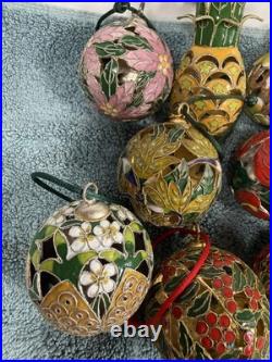 Theo Cloisonne Christmas Bauble Ornaments Set 11 Metal Enamel Floral Hanging