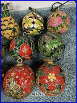 Theo Cloisonne Christmas Bauble Ornaments Set 11 Metal Enamel Floral Hanging