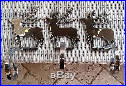 Three Silver Brass Reindeer Christmas Stocking Holders POTTERY BARN Hanger