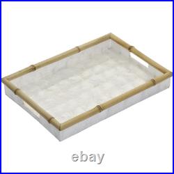 Three pc Capiz Shell Lined Bamboo Serving Trays Set Ivory