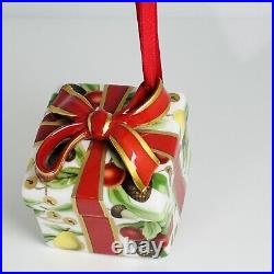 Tiffany Holiday Gift Box and Bow Christmas Holiday Ornament Bone China Porcelain