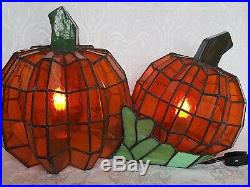 Tiffany Style Stained Glass Pumpkins Pair Accent Lamp BEAUTIFUL