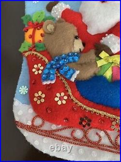 Titan 15 Felt Christmas Stocking Handcrafted Santa and Teddy Bear in Sleigh
