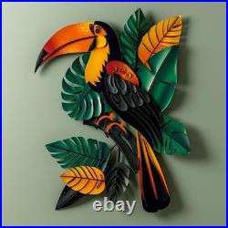 Toucan Metal Wall Art, Tropical Bird Jungle Leaf Decor