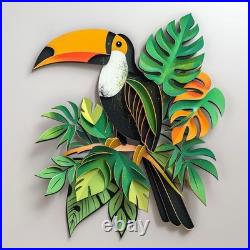 Toucan Metal Wall Art, Tropical Bird Jungle Leaf Decor