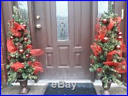 Two 4 Ft. Pre Lit Decorated Artificial Christmas Trees Porch Urn 50 Lights New