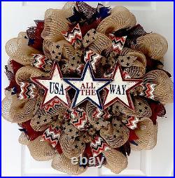 USA All The Way Patriotic Burlap Wreath Handmade Deco Mesh