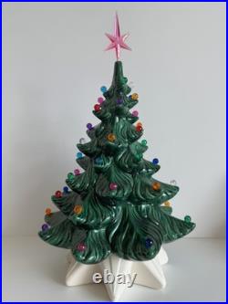 VINTAGE 17 Lighted Ceramic Christmas Tree White Pedestal Pink Star Complete