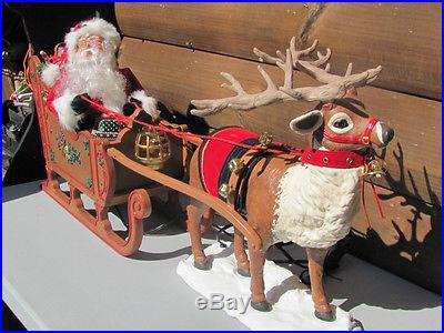 VINTAGE ANIMATED SANTA ON HIS SLEIGH PULLED BY HIS REINDEER 3ft LONG (LAST ONE)