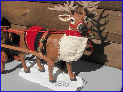 VINTAGE ANIMATED SANTA ON HIS SLEIGH PULLED BY HIS REINDEER 3ft LONG (LAST ONE)