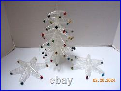 VTG 1950s CRYSTAL PINE Christmas Tree & Candle Holders with Glass Ornament-USA