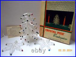 VTG 1950s CRYSTAL PINE Christmas Tree & Candle Holders with Glass Ornament-USA