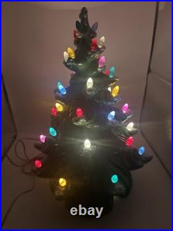 VTG 1967 Atlantic Mold Ceramic Green Christmas Tree & Base w Flocked Snow READ