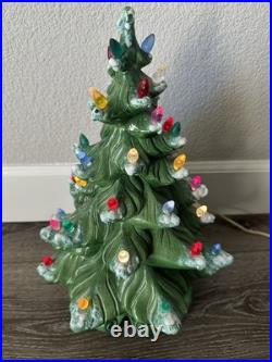 VTG 1967 Atlantic Mold Ceramic Green Christmas Tree & Base w Flocked Snow READ