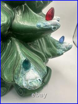 VTG 1967 Atlantic Mold Ceramic Green Christmas Tree & Base w Flocked Snow READ