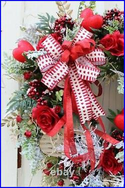 Valentine's Day Wreath Red Roses White Peony Snow Frosted Berries Red Hearts
