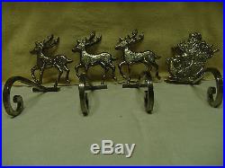 Very Rare Vntg Large Heavy Silver Santa & 3 Reindeer Christmas Stocking Holders