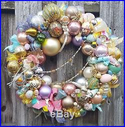 Vintage 24 Easter Wreath Glass Wood Ornament Eggs Bunnies Rabbit Birds Holiday