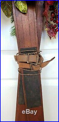 Vintage Antique Pointed Wooden Skis patina leather straps HOLIDAY SEASONAL DECOR