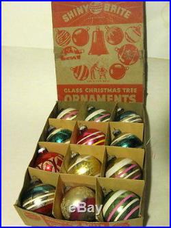 Vintage Box 12 SHINY BRITE Christmas Balls Stripes & Designs 2.75 in