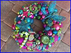 Vintage Bright Christmas ornament wreath 19 Inch 21500 Aqua Pink Green Fuscia