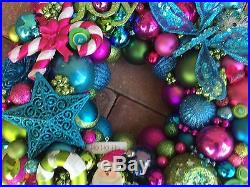 Vintage Bright Christmas ornament wreath 19 Inch 21500 Aqua Pink Green Fuscia