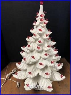 Vintage Ceramic Christmas Tree White with Red Bird Ornaments Atlantic Mold 26