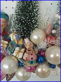 Vintage Christmas Ornament Wreath Elves Putz House Forest Blue silver white pink