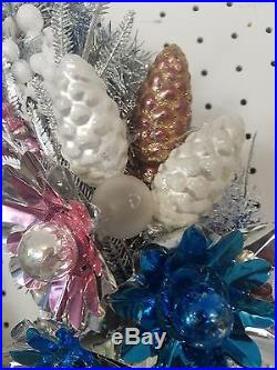 Vintage Christmas Ornament Wreath Elves Putz House Forest Blue silver white pink