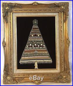 Vintage Costume Jewelry Rhinestone Framed Christmas Tree Collage on Velvet