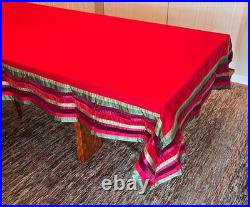 Vintage Crate & Barrel Long Red Linen Tablecloth Jewel-Toned Trim